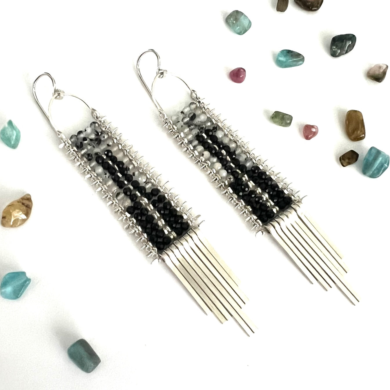 Silver Tapestry Earrings with Rutile Quartz and Spinel