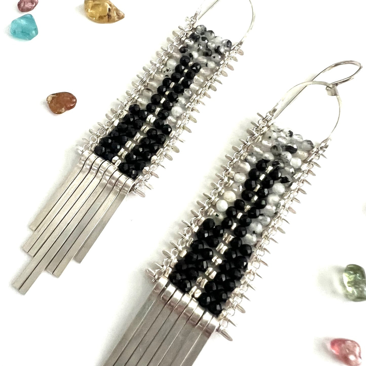 Silver Tapestry Earrings with Rutile Quartz and Spinel