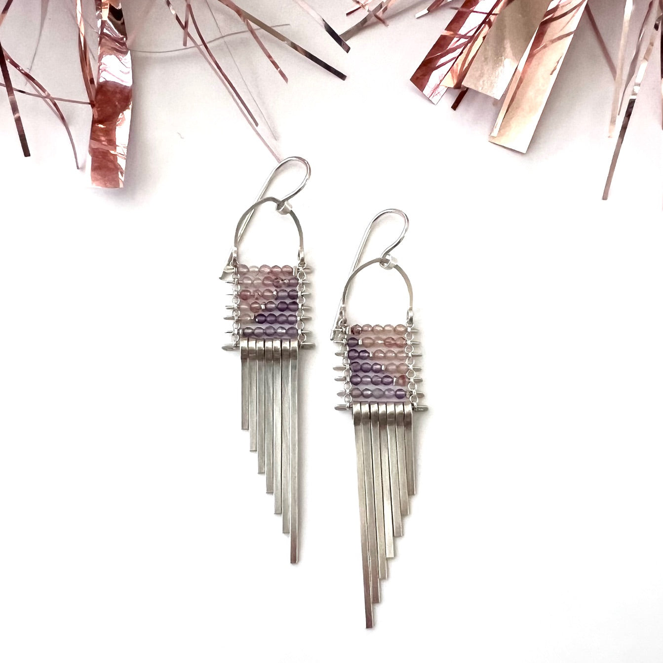 Demimonde Pink Quartz and Amethyst Asymmetrical Silver Earrings