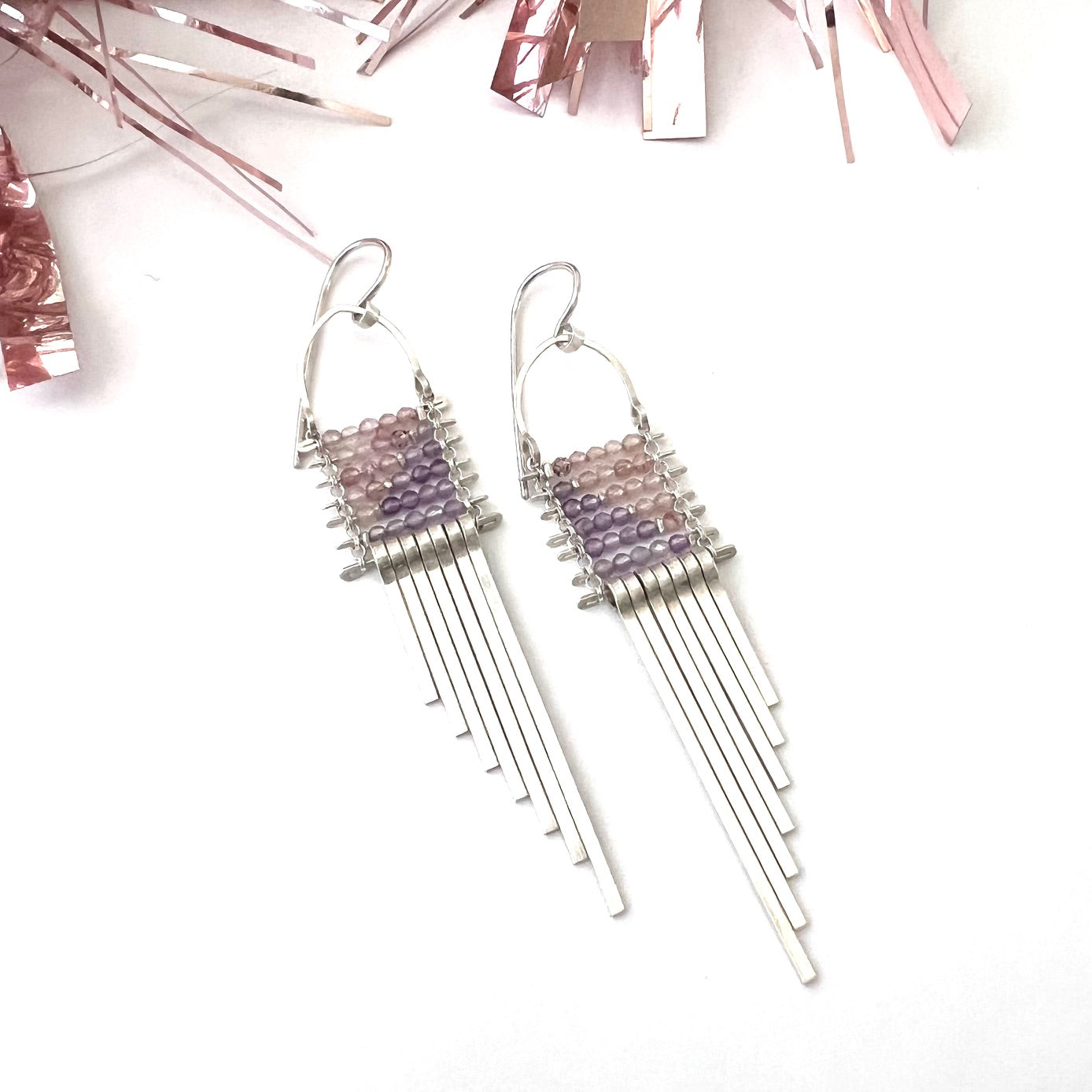 Demimonde Pink Quartz and Amethyst Asymmetrical Silver Earrings