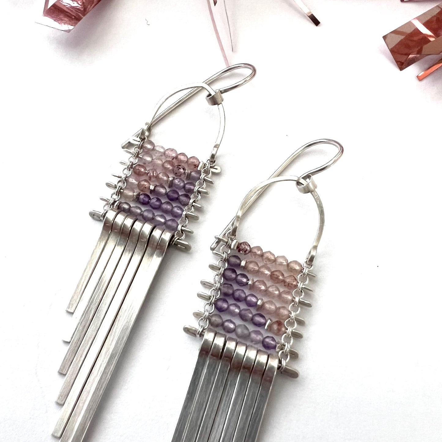 Demimonde Pink Quartz and Amethyst Asymmetrical Silver Earrings