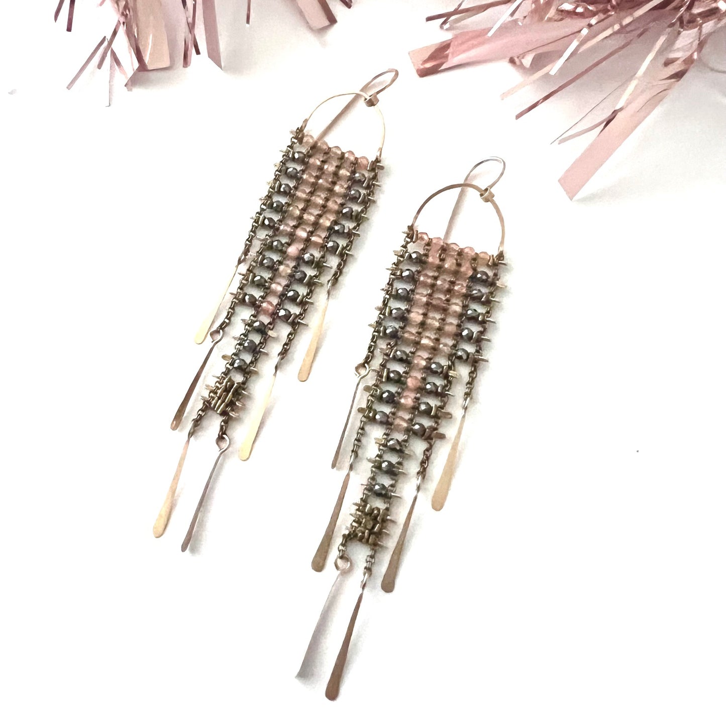 Peach Moonstone and Pyrite Sky Dancer Earrings