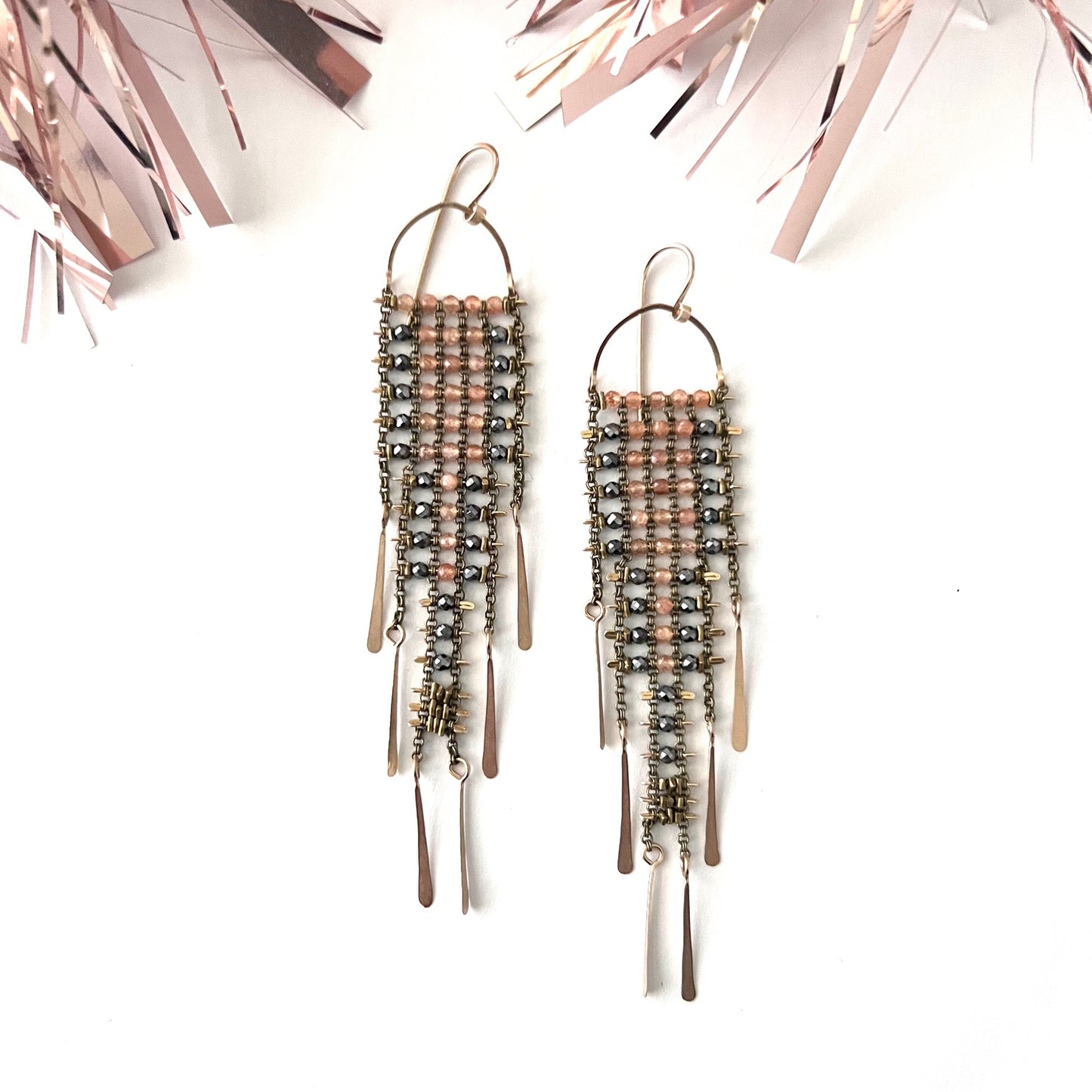 Peach Moonstone and Pyrite Sky Dancer Earrings