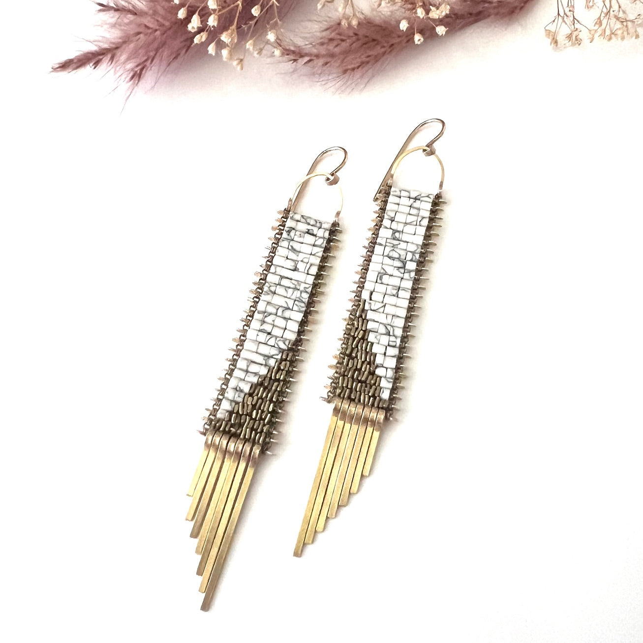 Demimonde Marble Temple Earrings with White Howlite and Gold