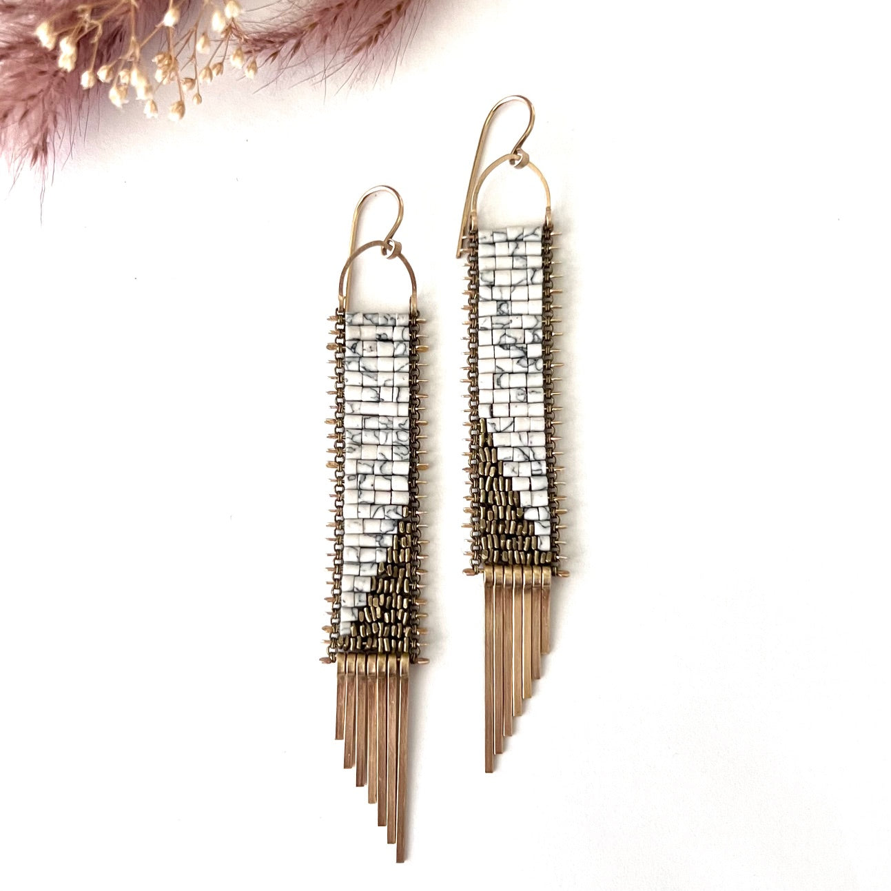Demimonde Marble Temple Earrings with White Howlite and Gold