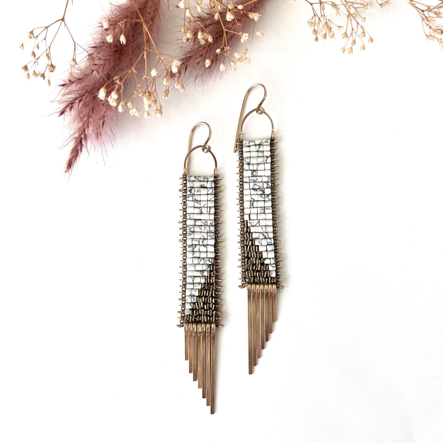 Demimonde Marble Temple Earrings with White Howlite and Gold