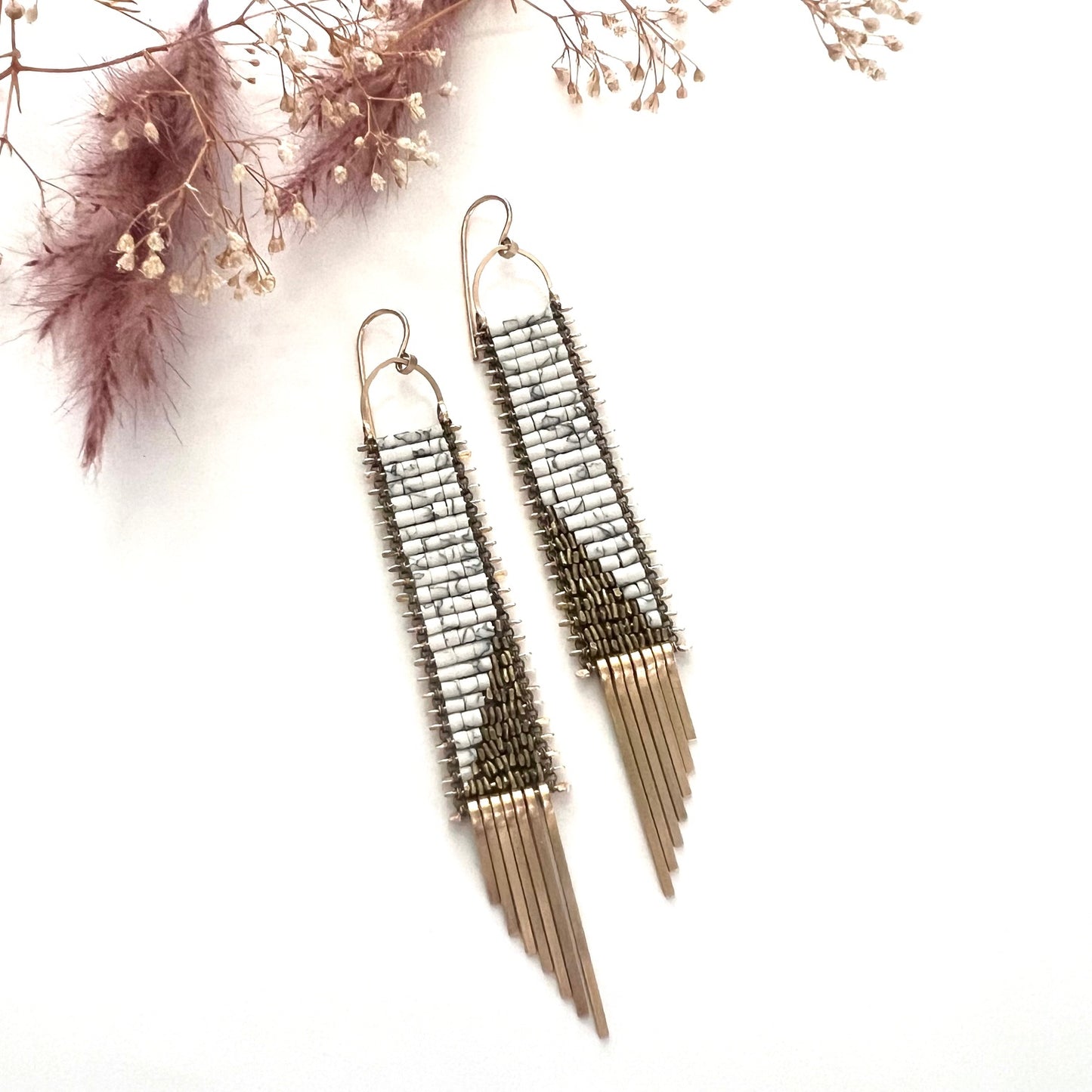 Demimonde Marble Temple Earrings with White Howlite and Gold
