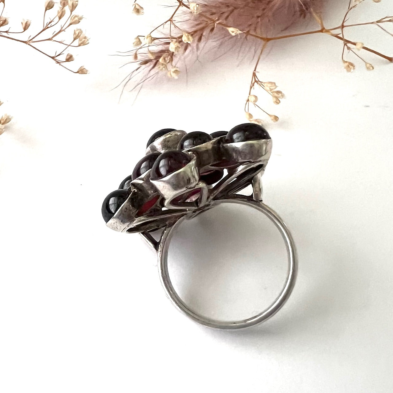 Vintage Silver and Garnet Cluster Cocktail Ring