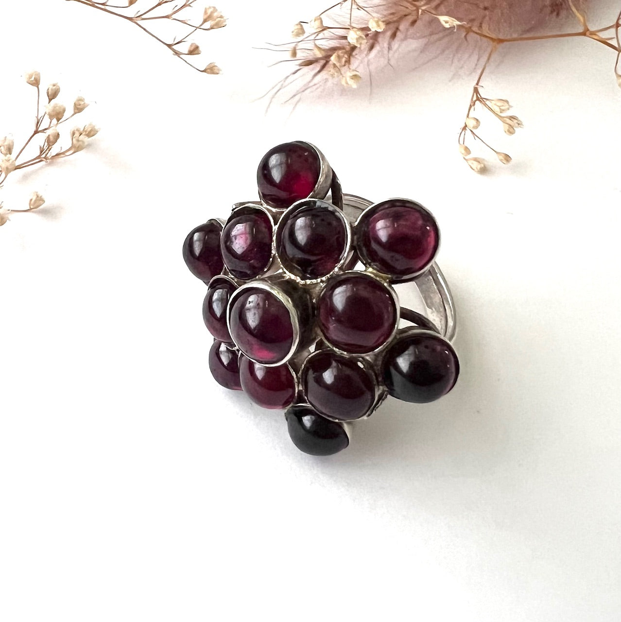 Vintage Silver and Garnet Cluster Cocktail Ring