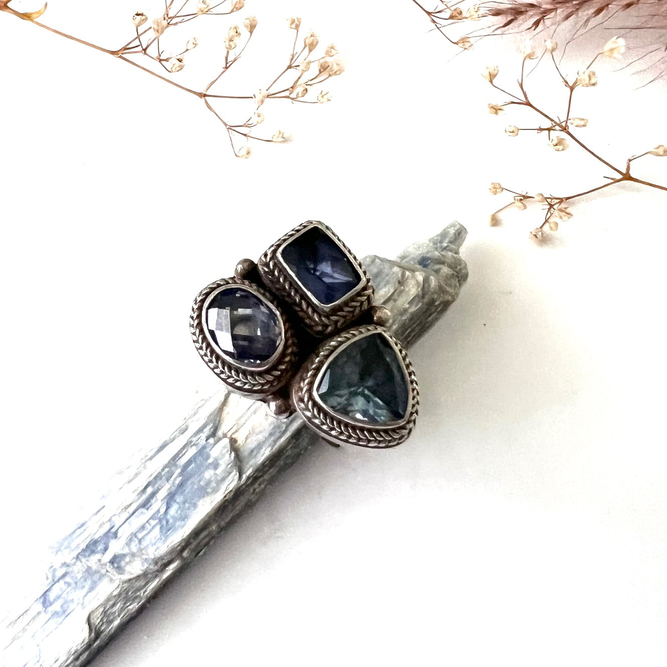 Vintage Silver Multi Stone Iolite, Amethyst and Blue Topaz Ring