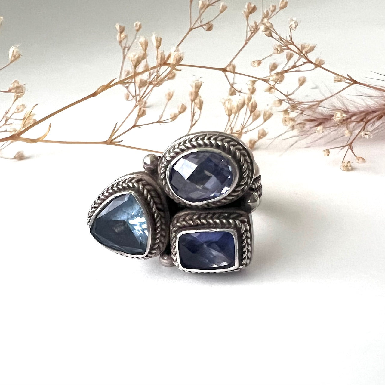 Vintage Silver Multi Stone Iolite, Amethyst and Blue Topaz Ring