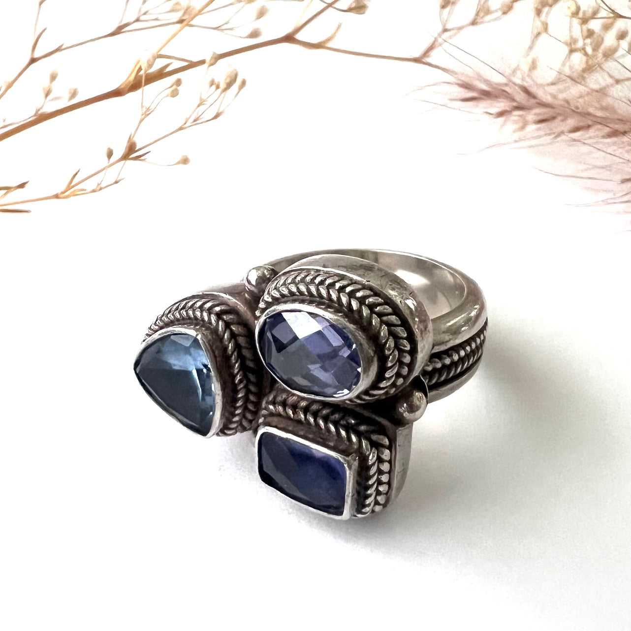 Vintage Silver Multi Stone Iolite, Amethyst and Blue Topaz Ring