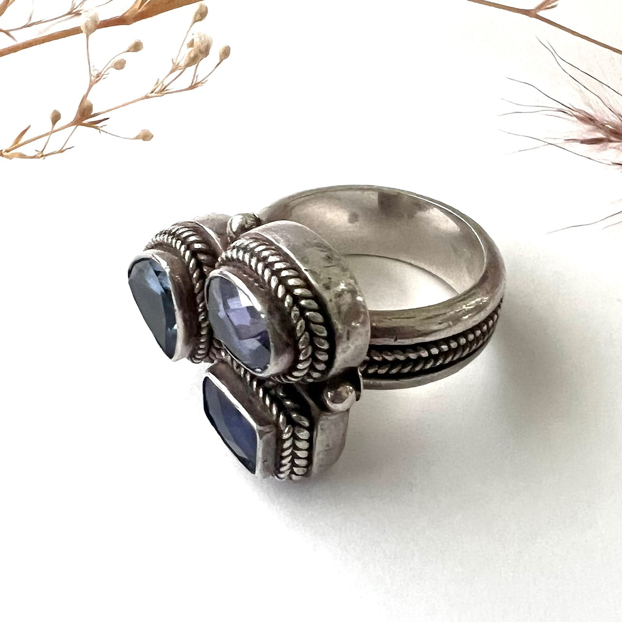 Vintage Silver Multi Stone Iolite, Amethyst and Blue Topaz Ring