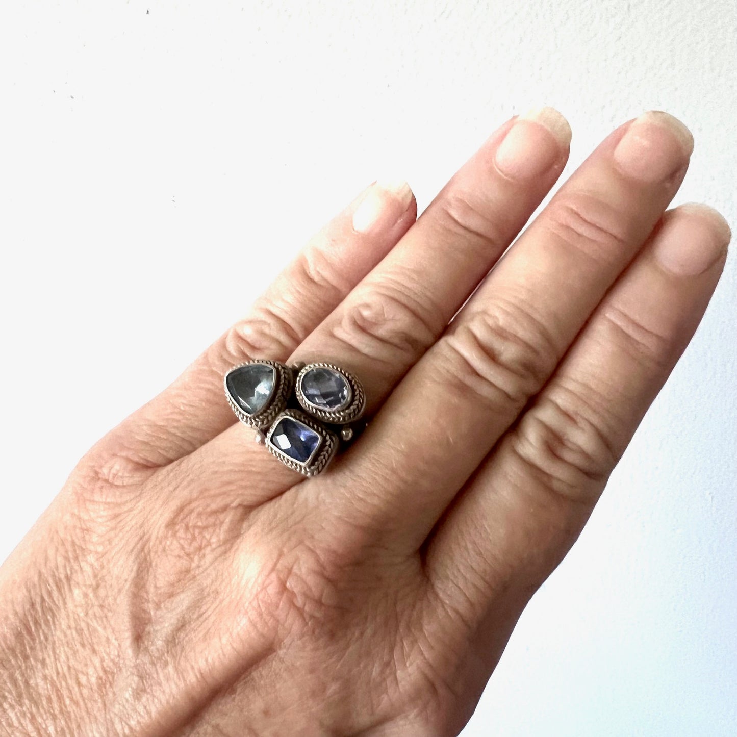 Vintage Silver Multi Stone Iolite, Amethyst and Blue Topaz Ring