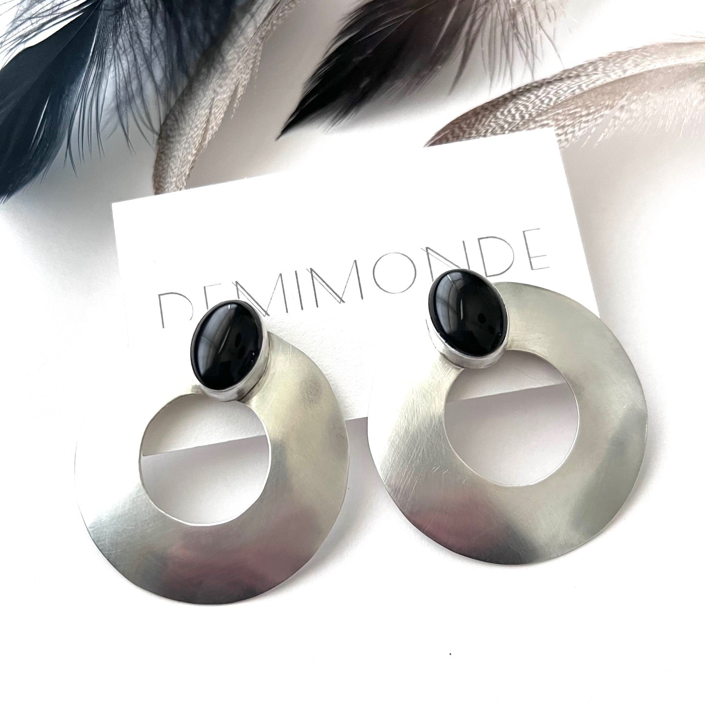Big and Bold Vintage Silver Circle and Onyx Earrings