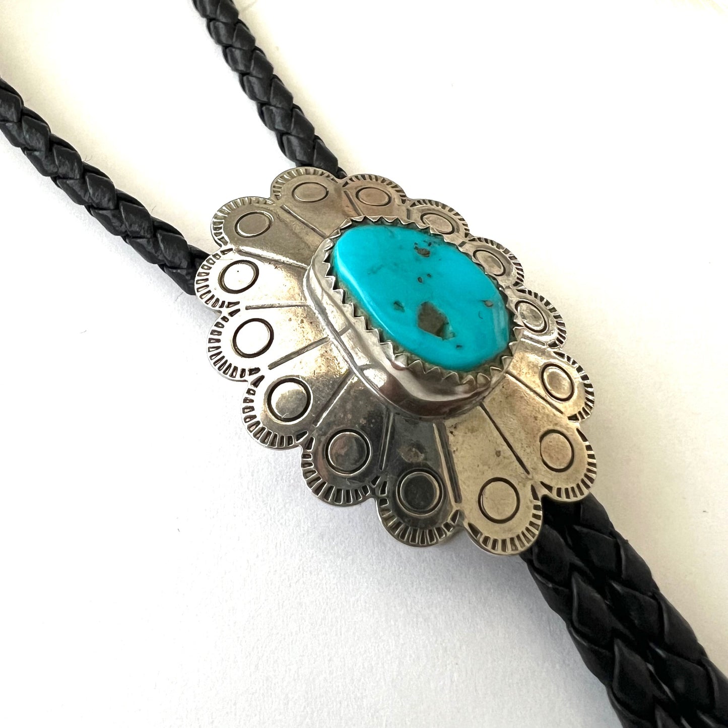 Vintage Turquoise Nugget and Silver Flower Bolo Tie