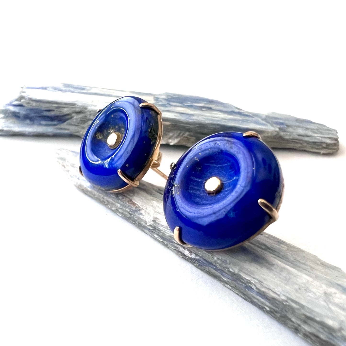 Vintage 14k Gold and Carved Lapis Stud Earrings