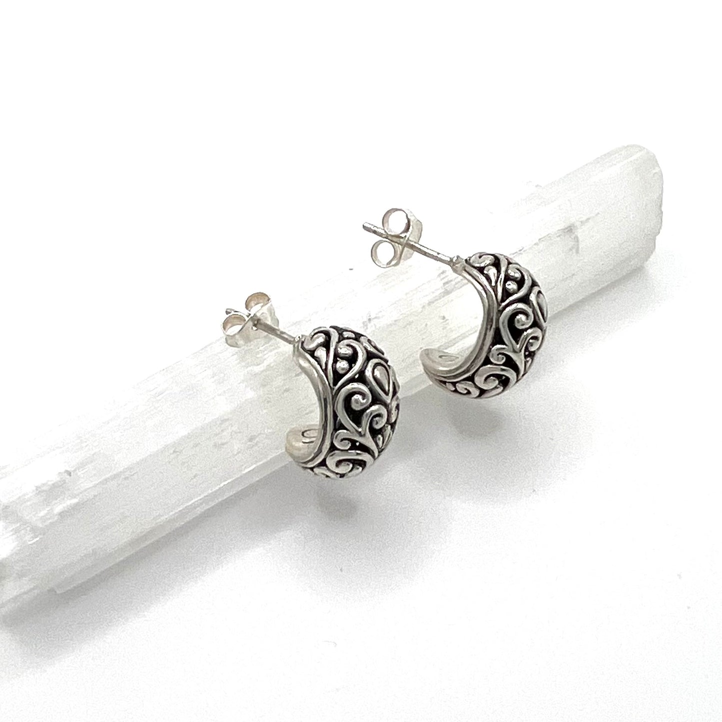 Vintage Ornate Sterling Silver Huggie Post Earrings