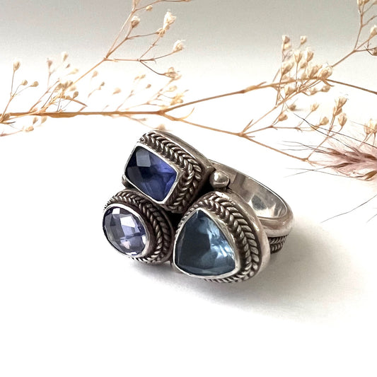 Vintage Silver Multi Stone Iolite, Amethyst  and Blue Topaz Ring