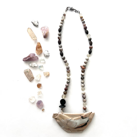 Vintage Nina Garaldi Agate and Ceramic Statement Necklace