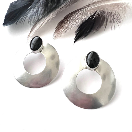 Big and Bold Vintage Silver Circle and Onyx Earrings