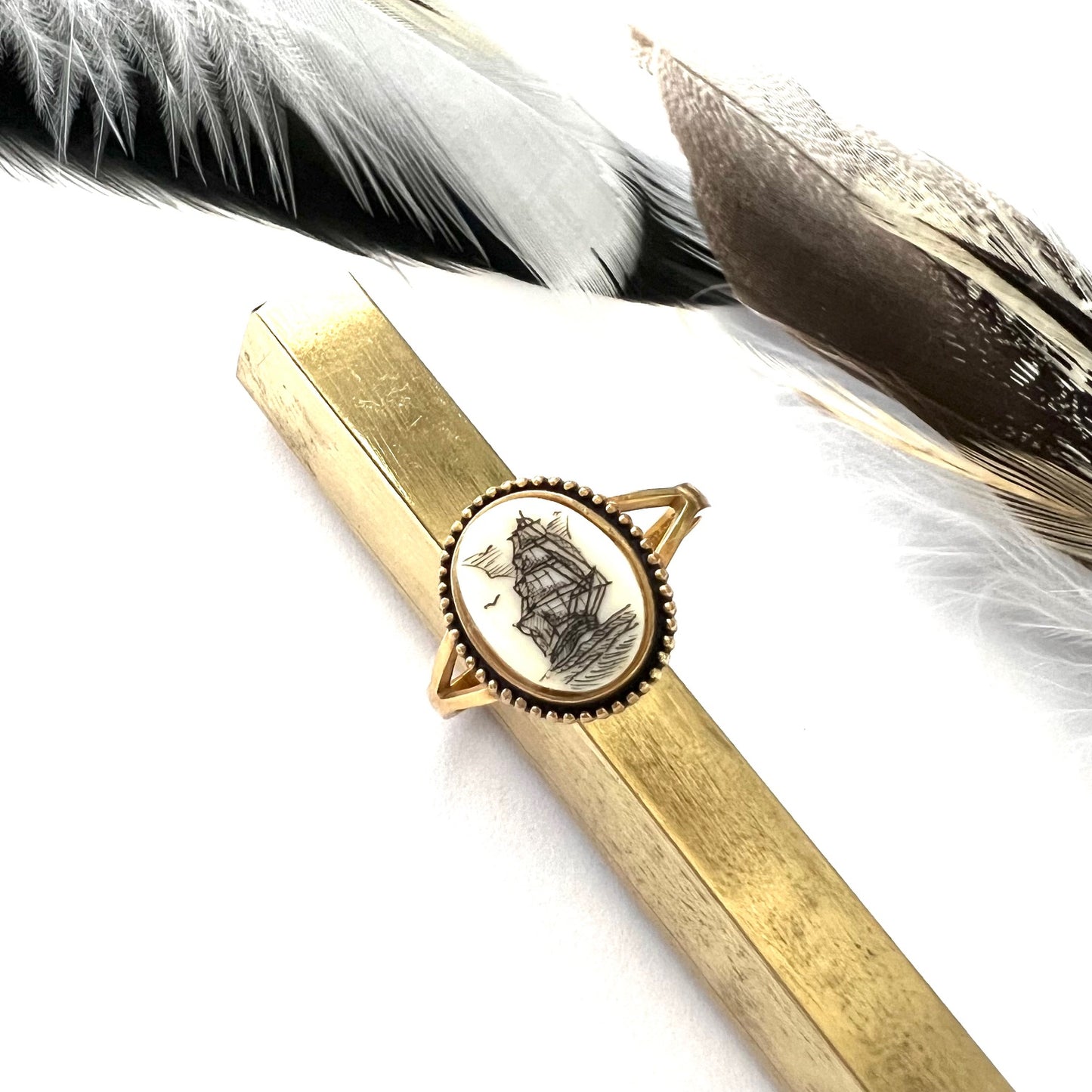 Scrimshaw Ship Gold Filled Ring