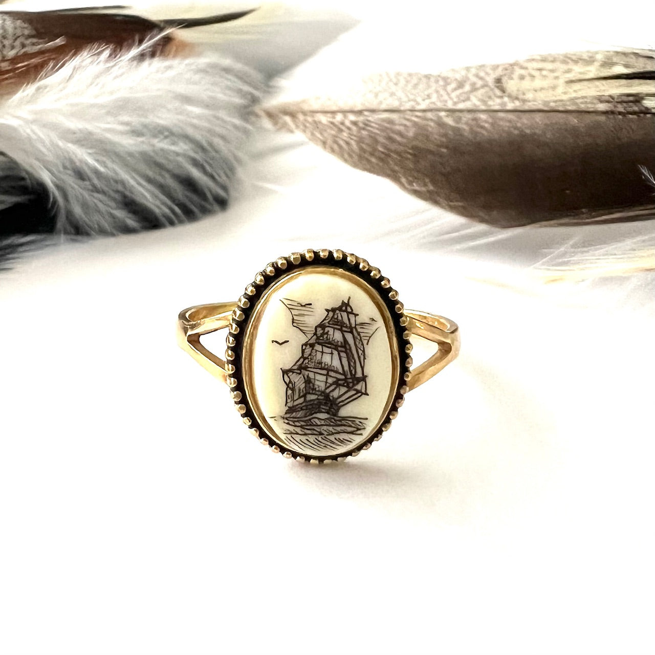 Scrimshaw Ship Gold Filled Ring
