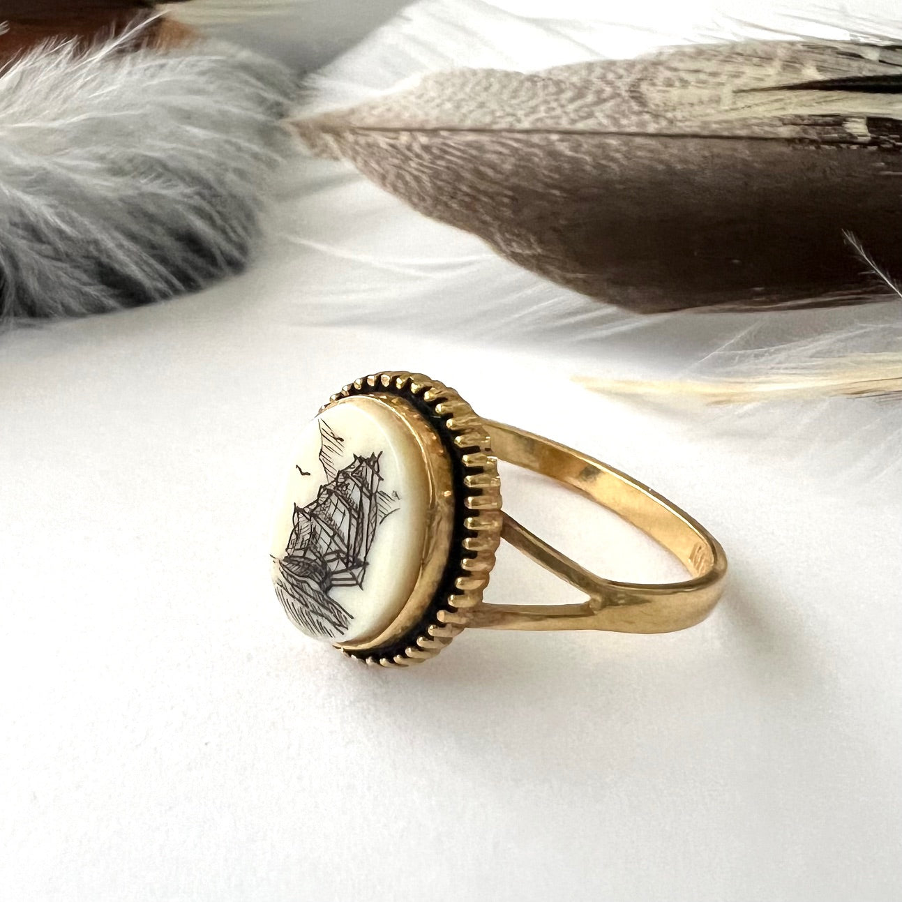 Scrimshaw Ship Gold Filled Ring