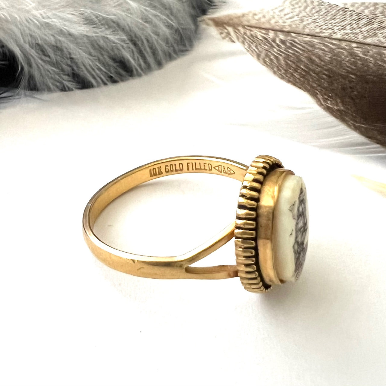 Scrimshaw Ship Gold Filled Ring