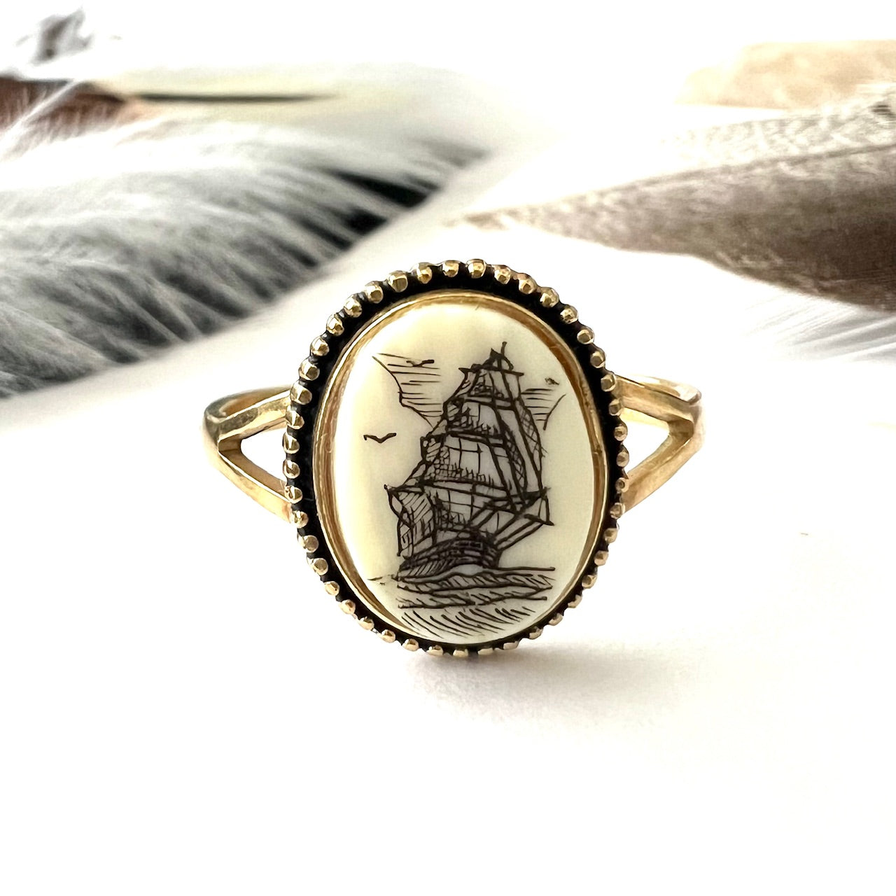 Scrimshaw Ship Gold Filled Ring