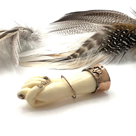 Vintage 10k Gold and Ivory colored carved Bone Mano Figa Pendant
