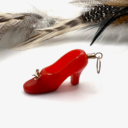 Vintage Ruby Red Slipper Mano Figa Coral and 10k Gold Pendant