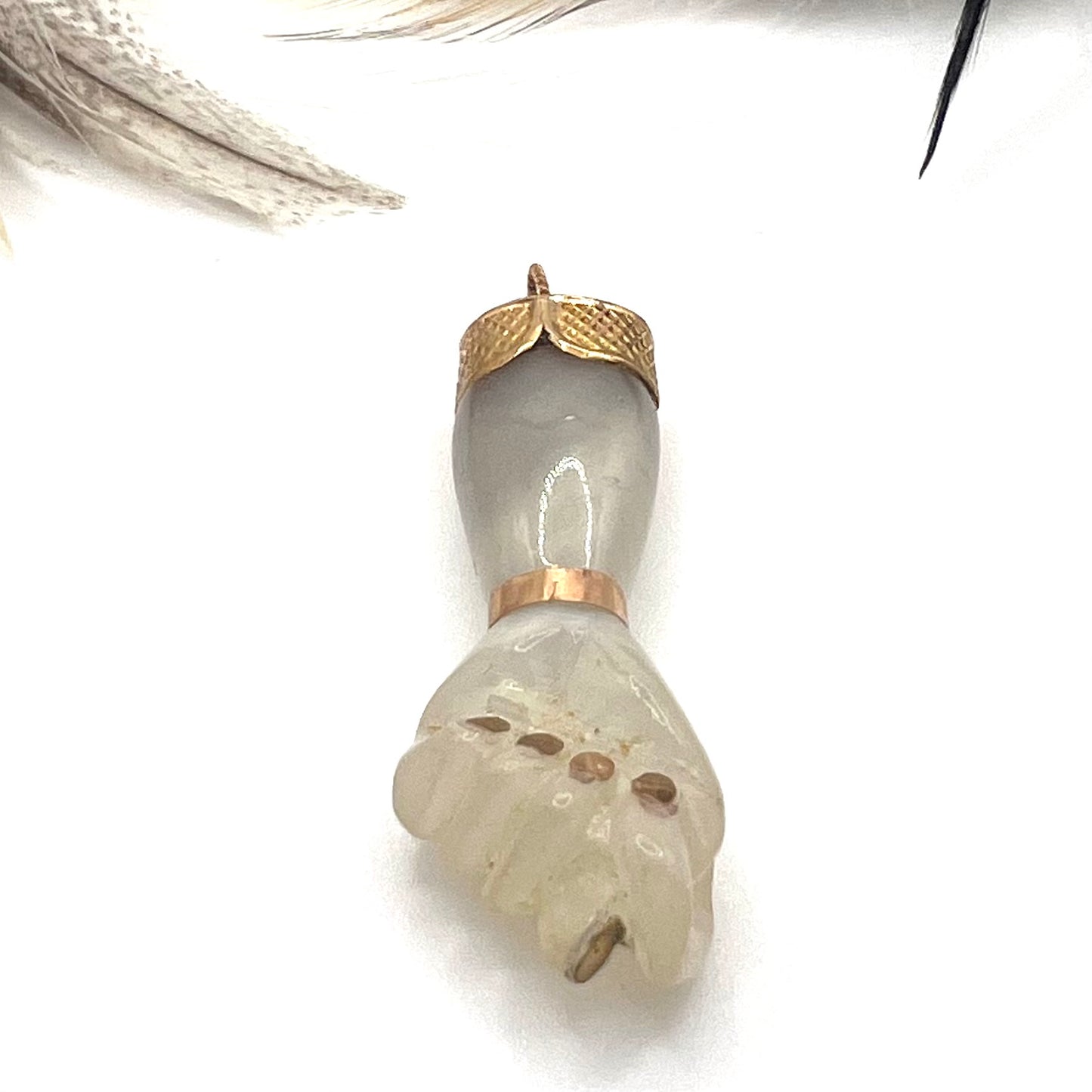 Vintage Carved White Quartz and 14k Gold Mano Figa Hand Charm