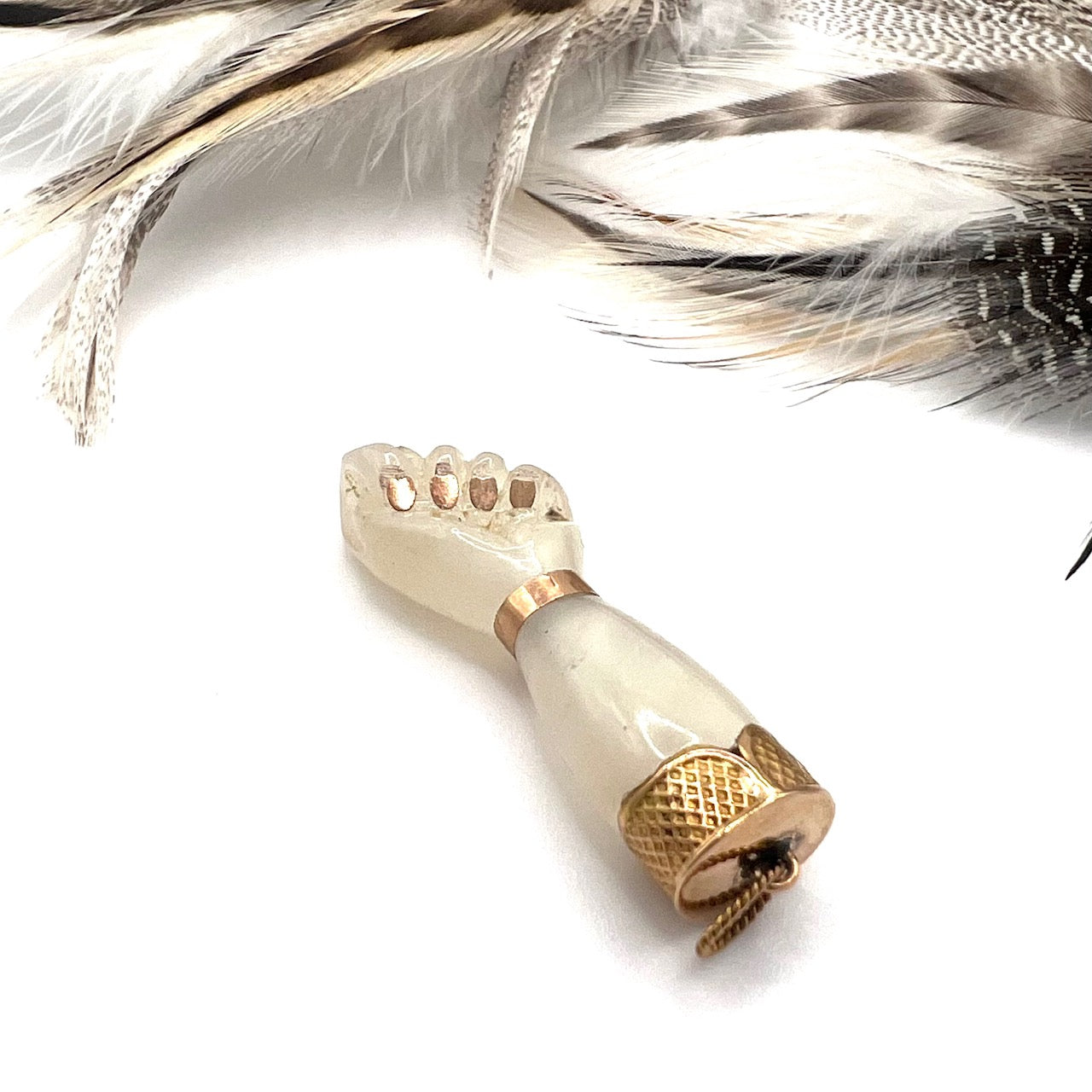 Vintage Carved White Quartz and 14k Gold Mano Figa Hand Charm