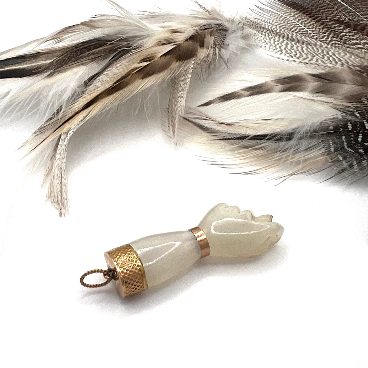 Vintage Carved White Quartz and 14k Gold Mano Figa Hand Charm