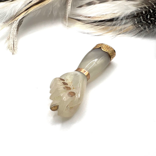 Vintage Carved White Quartz and 14k Gold Mano Figa Hand Charm