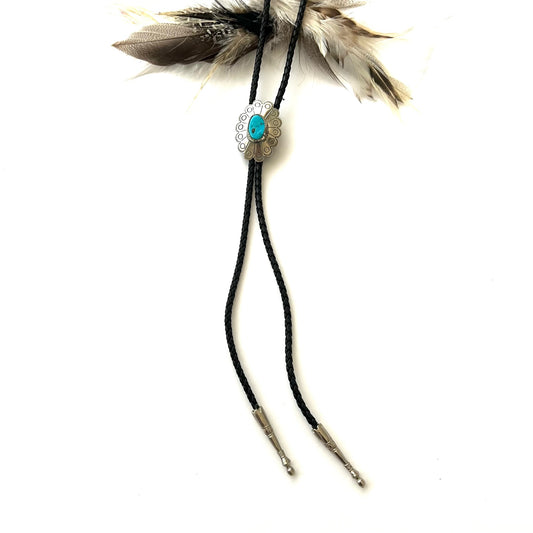 Vintage Turquoise Nugget and Silver Flower Bolo Tie