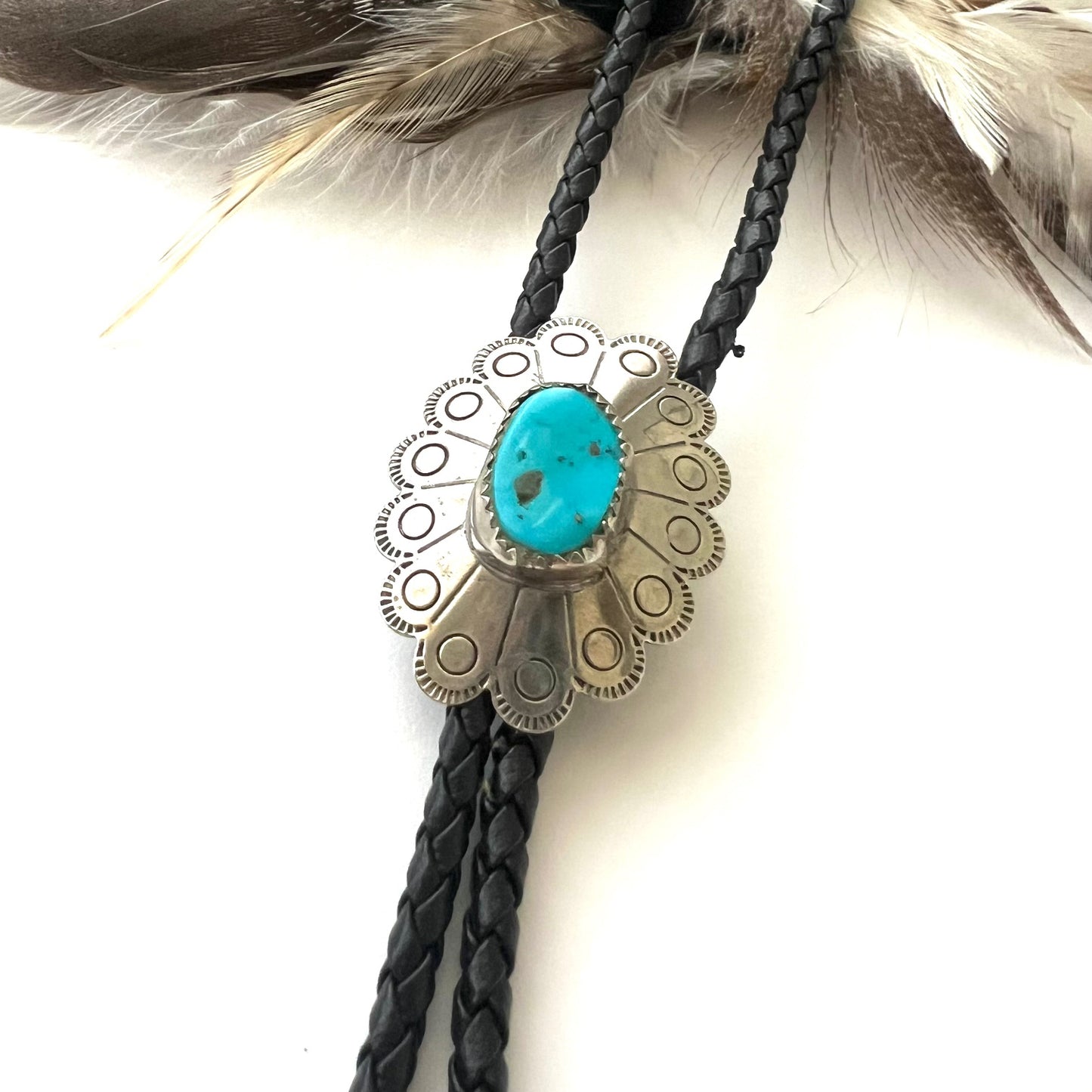 Vintage Turquoise Nugget and Silver Flower Bolo Tie