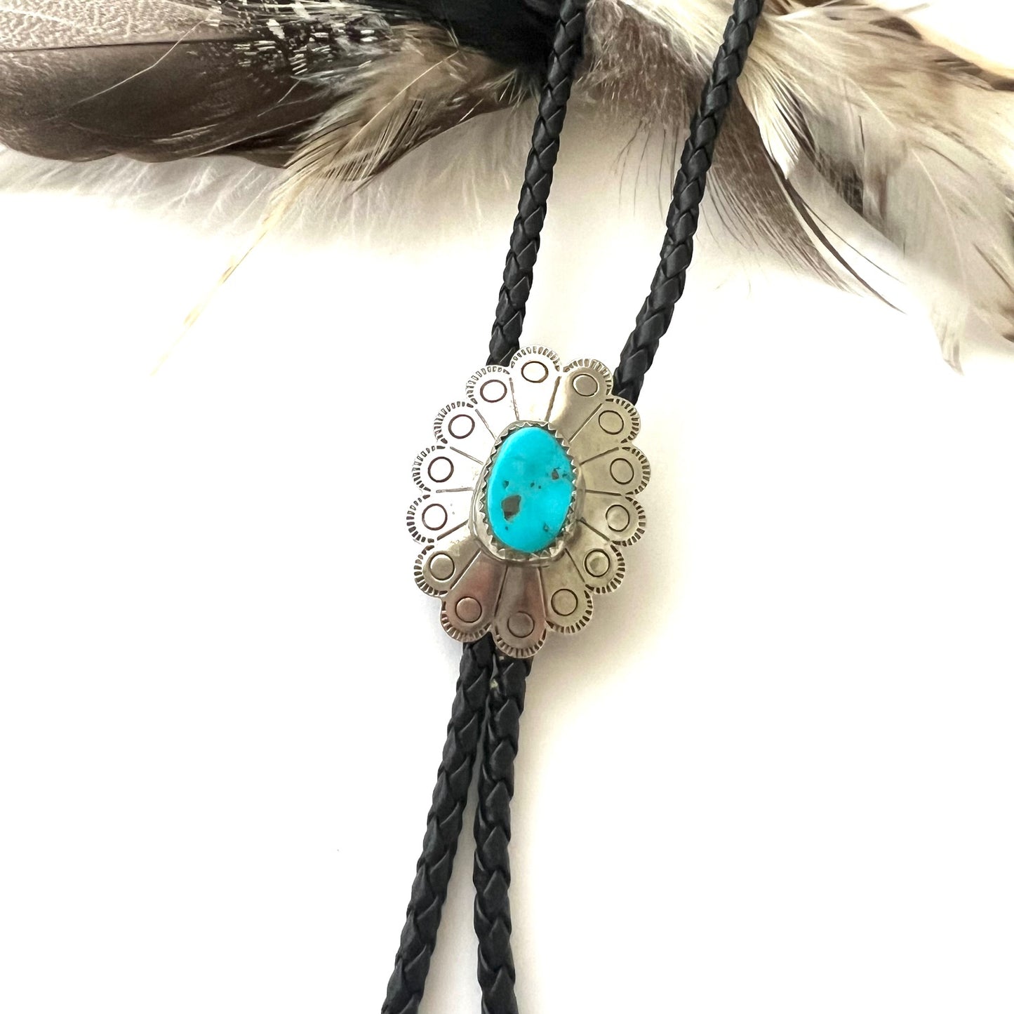 Vintage Turquoise Nugget and Silver Flower Bolo Tie