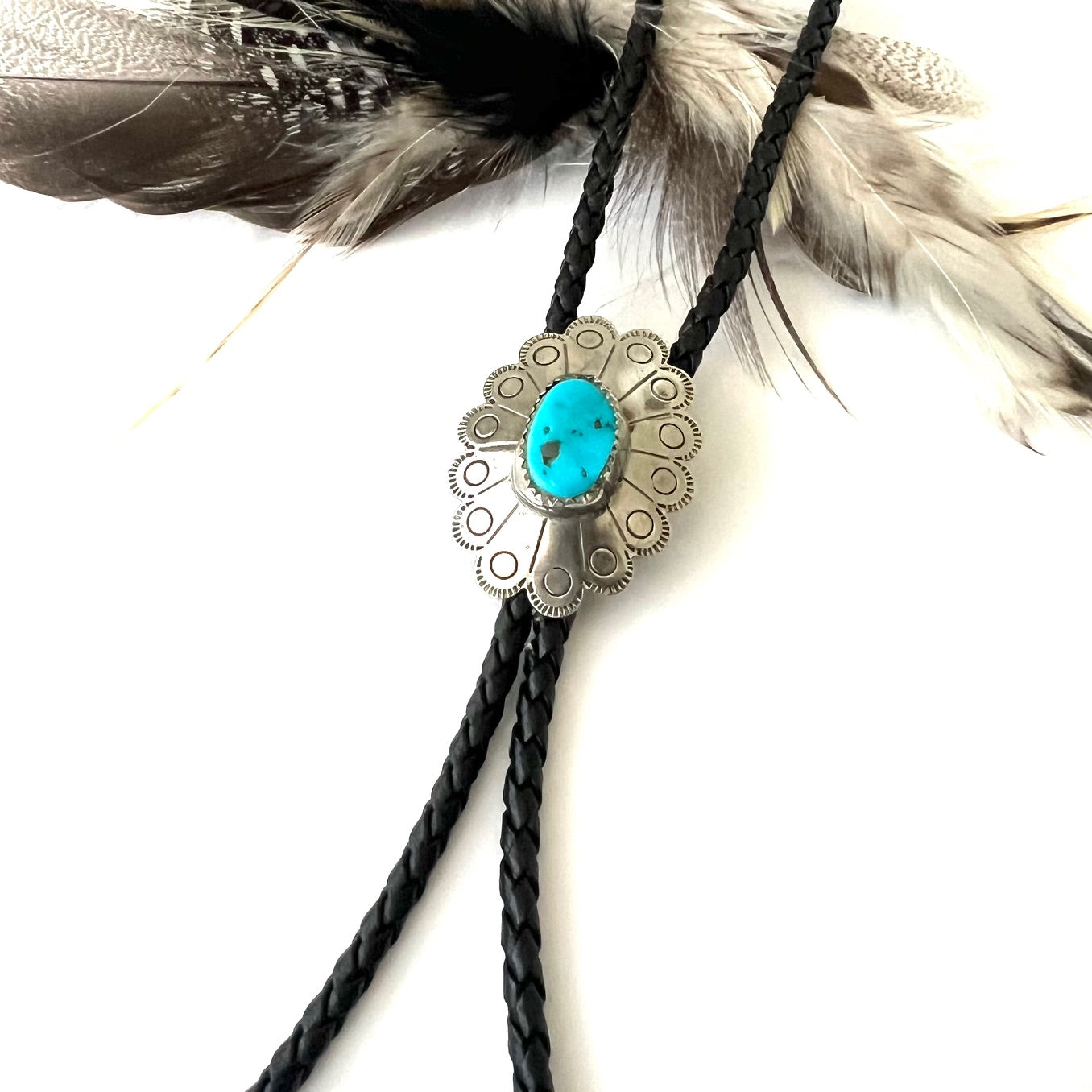 Vintage Turquoise Nugget and Silver Flower Bolo Tie