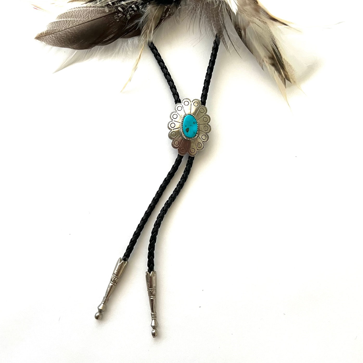 Vintage Turquoise Nugget and Silver Flower Bolo Tie