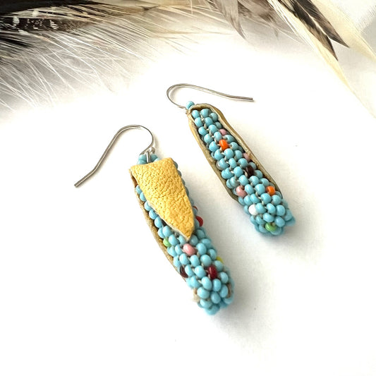 Vintage Beaded Turquoise colored Corn Cob Husk Earrings