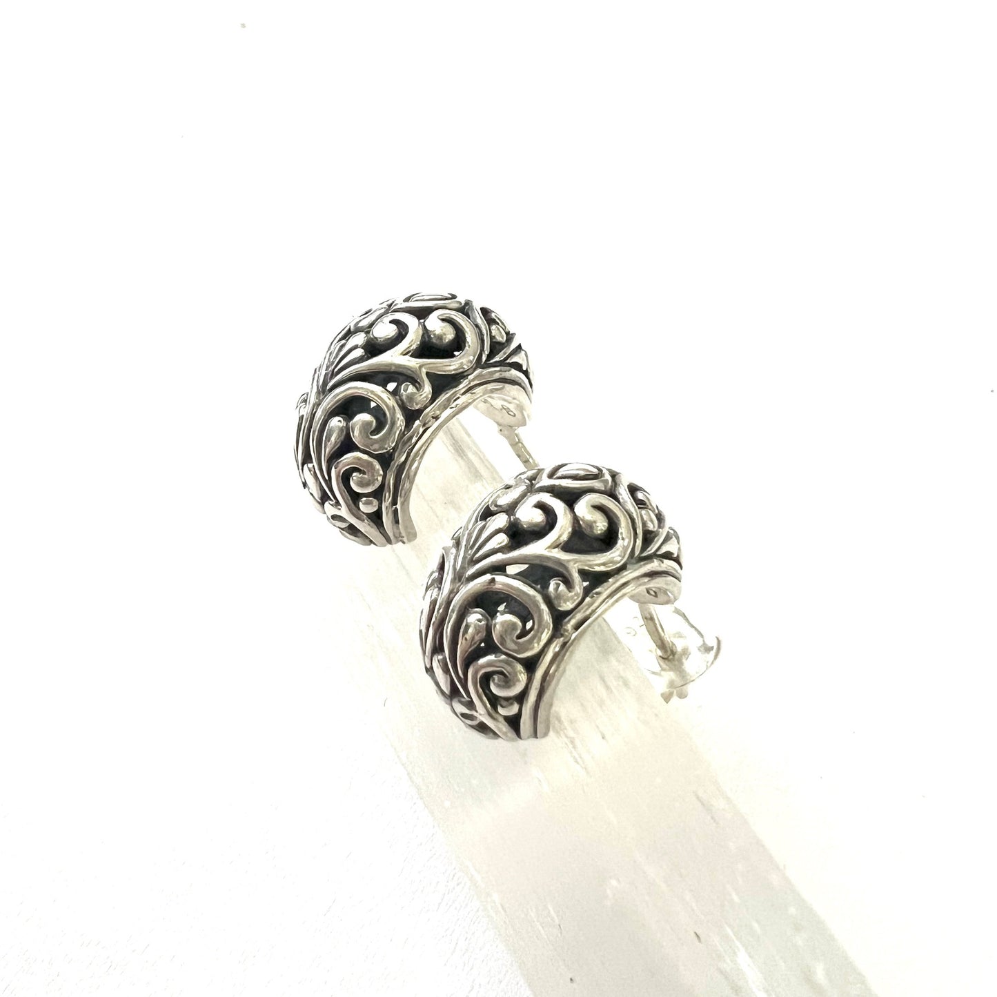 Vintage Ornate Sterling Silver Huggie Post Earrings