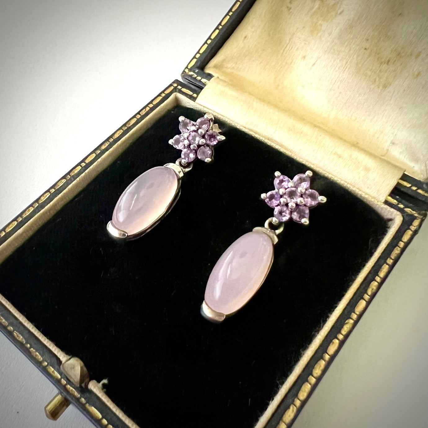 Vintage Amethyst and Rose Quartz Silver Floral Earrings
