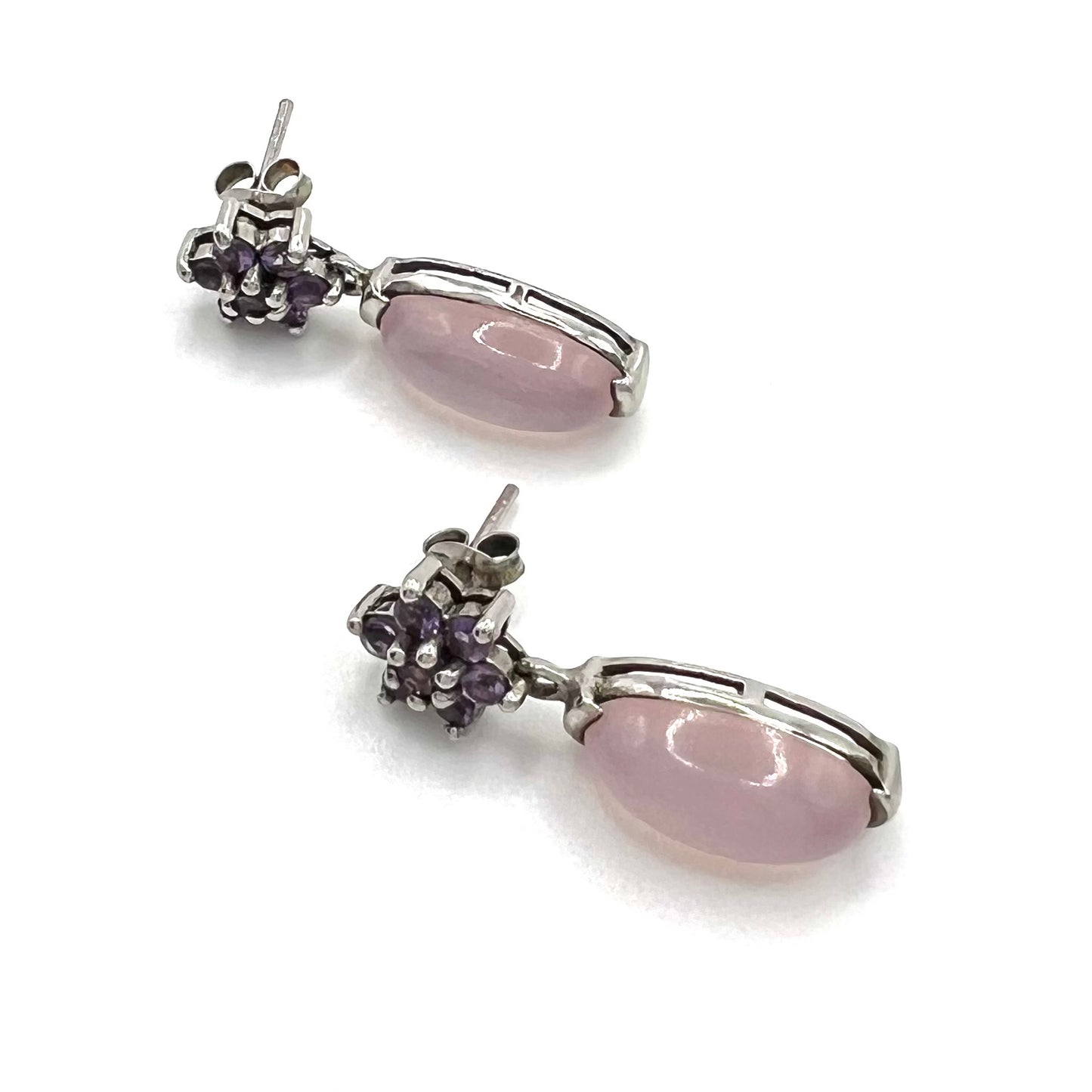 Vintage Amethyst and Rose Quartz Silver Floral Earrings