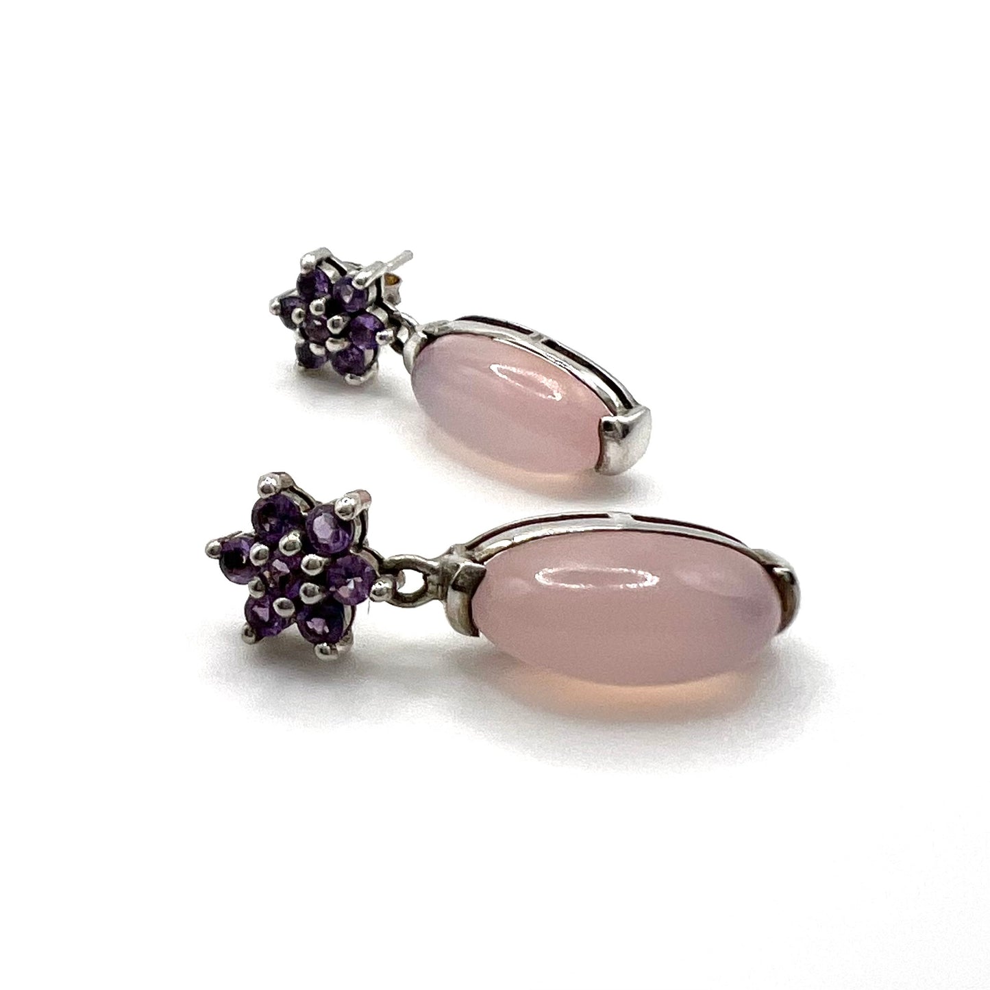 Vintage Amethyst and Rose Quartz Silver Floral Earrings