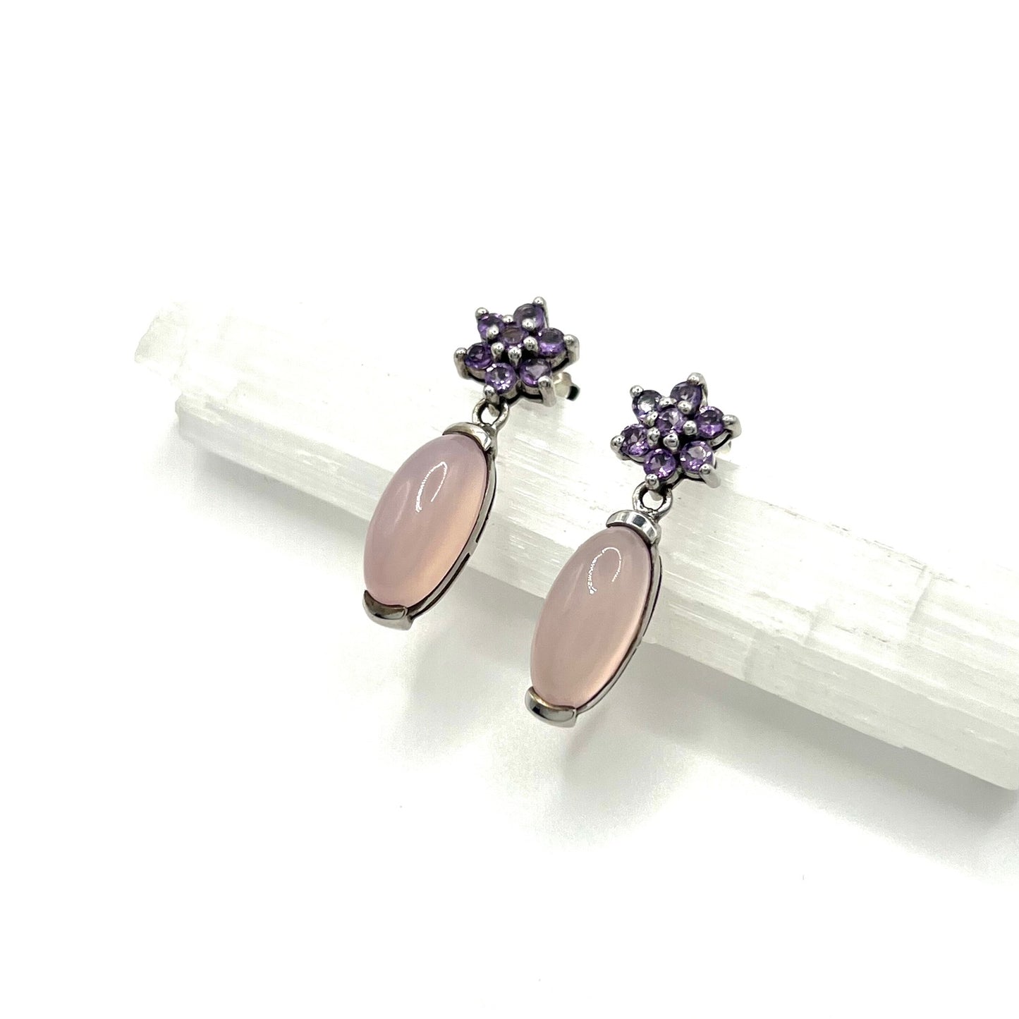 Vintage Amethyst and Rose Quartz Silver Floral Earrings