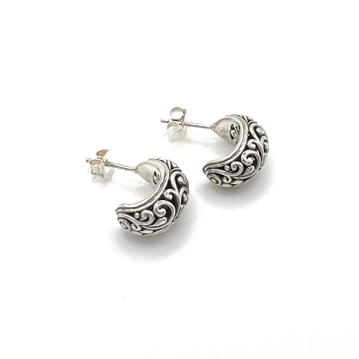 Vintage Ornate Sterling Silver Huggie Post Earrings