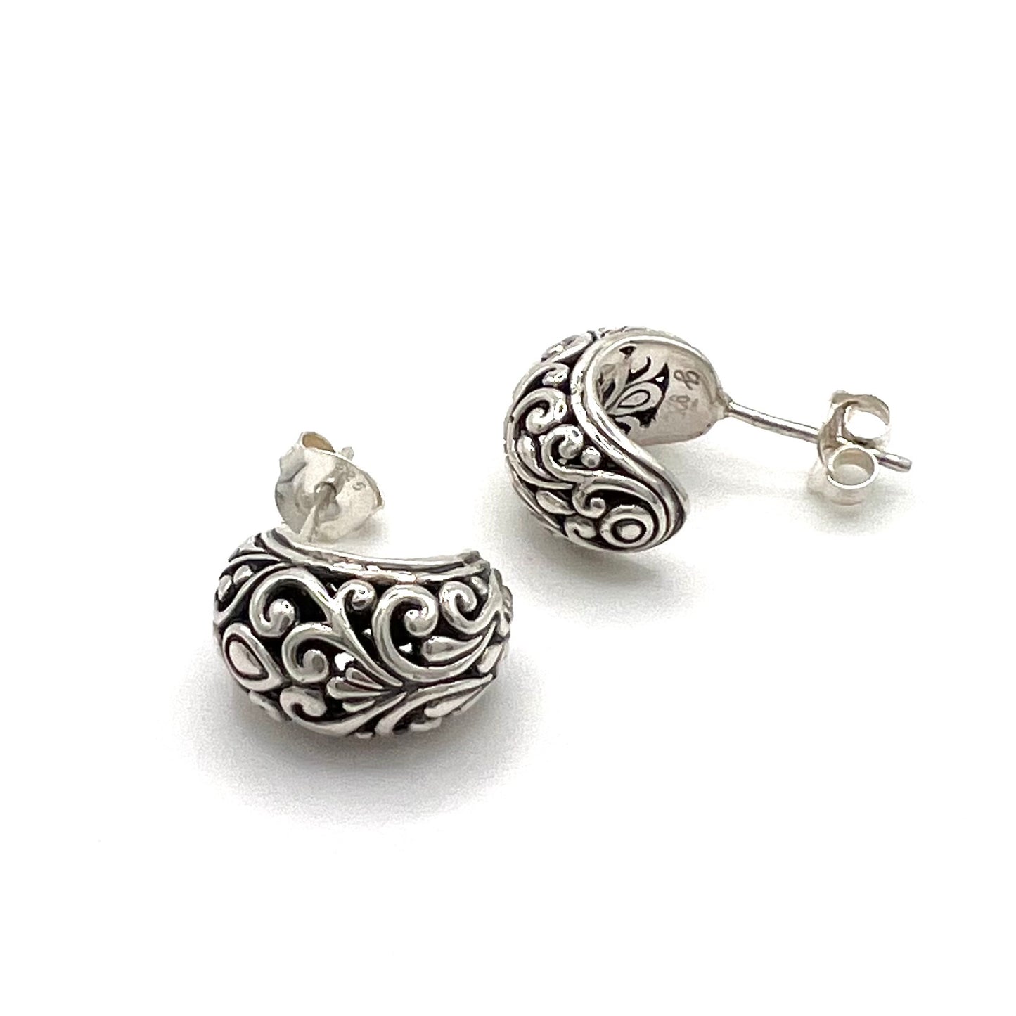 Vintage Ornate Sterling Silver Huggie Post Earrings