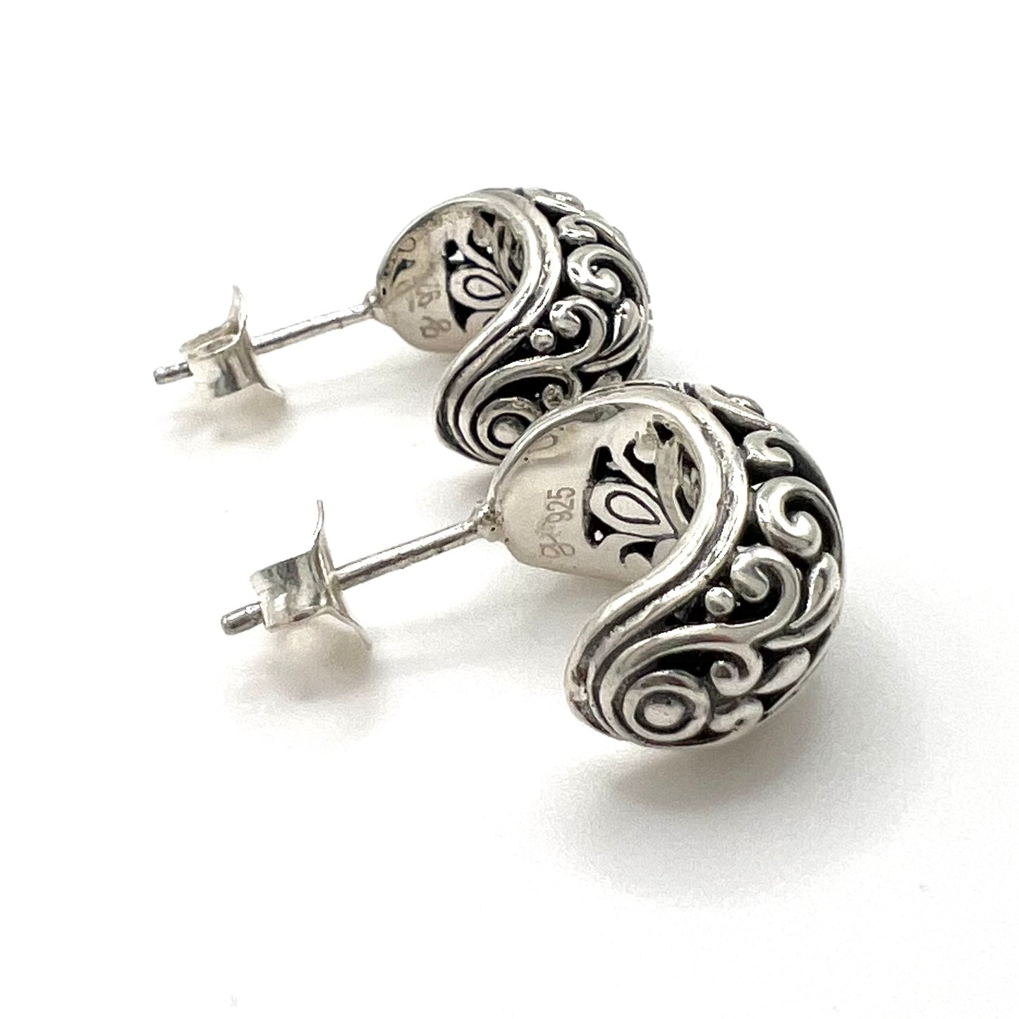 Vintage Ornate Sterling Silver Huggie Post Earrings